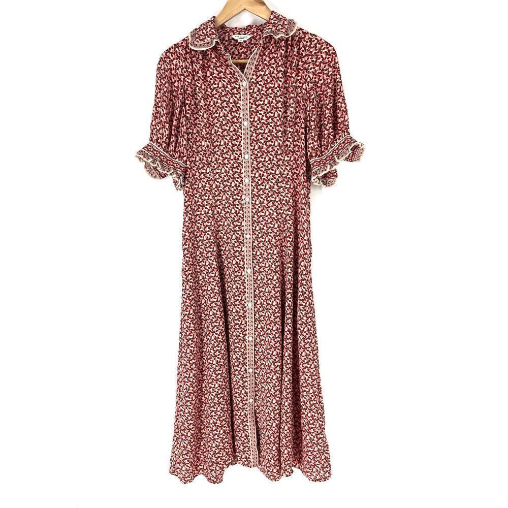 Max Studio Dress XS Red Pink Berry Print Puff Sleeve Midi Prairie Twirl Button